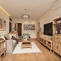 Modern Cozy Living Room With Light Wooden Furniture Grey Sofa Green Plants And Decorative Paintings