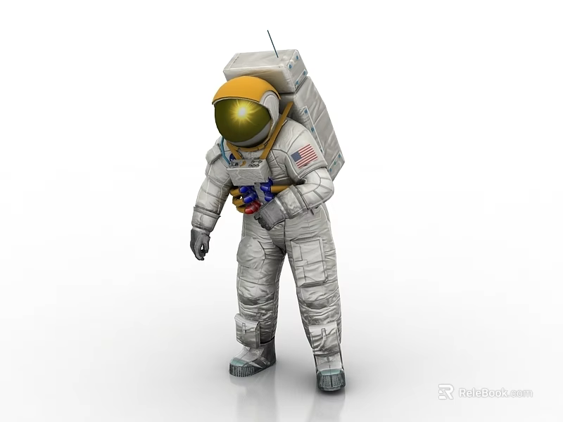 A Man Wearing White Astronaut Suit with Helmet US Flag and Backpack Life Support System 3d model 