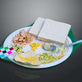 Chicken Shreds Meal With Sandwich Scrambled Eggs Corn And Cabbage On White Plate Green Napkin