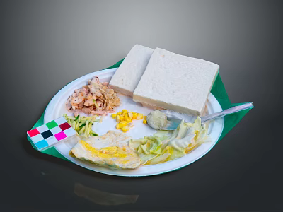 Chicken Shreds Meal With Sandwich Scrambled Eggs Corn And Cabbage On White Plate Green Napkin 3d model