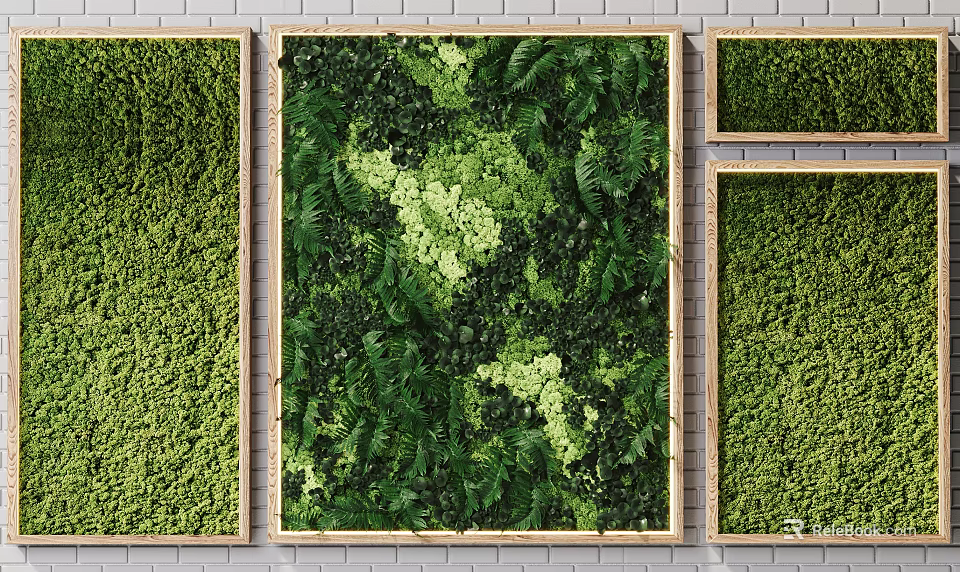 Indoor Green Wall Design With Various Plant Foliage And Wooden Frame Panels 3d model 