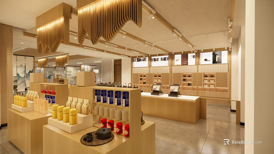 Modern Retail Space Interior With Wooden Display Counters And Product Shelves 3d model 