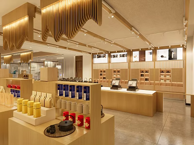 Modern Retail Space Interior With Wooden Display Counters And Product Shelves 3d model