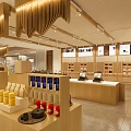 Modern Retail Space Interior With Wooden Display Counters And Product Shelves