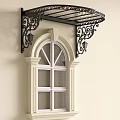 Elegant Outdoor Iron Awning With Ornate Brackets Over Arched White Window