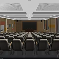 Modern Conference Room With Auditorium Seating Wooden Desks Colorful Curtains And Geometric Walls