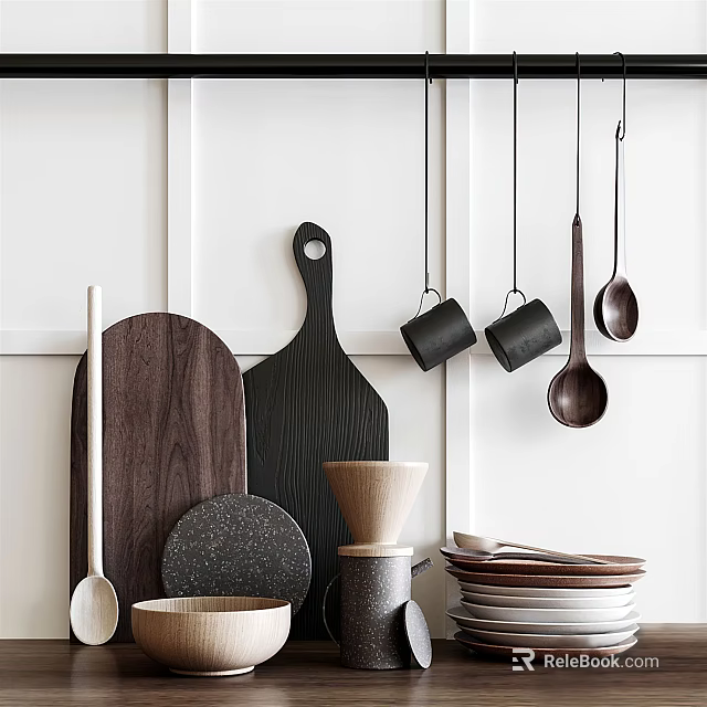 Minimalist Modern Kitchenware With Wooden Cutting Boards Spoons Ceramic Bowls Stacked Plates Hanging Black Mugs 3d model 