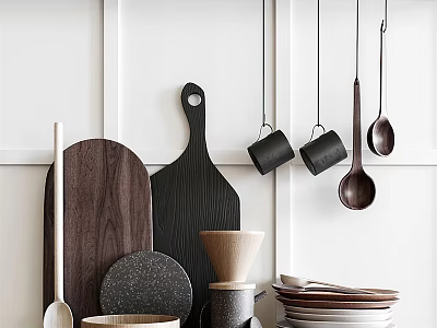 Minimalist Modern Kitchenware With Wooden Cutting Boards Spoons Ceramic Bowls Stacked Plates Hanging Black Mugs 3d model