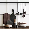 Minimalist Modern Kitchenware With Wooden Cutting Boards Spoons Ceramic Bowls Stacked Plates Hanging Black Mugs