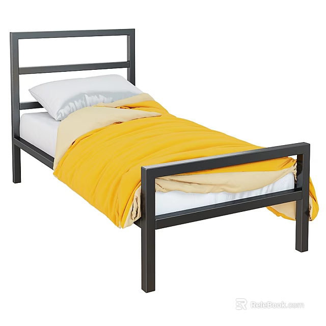 Double Bed with Black Metal Frame Yellow Blanket White Pillow and Light Colored Sheet 3d model 