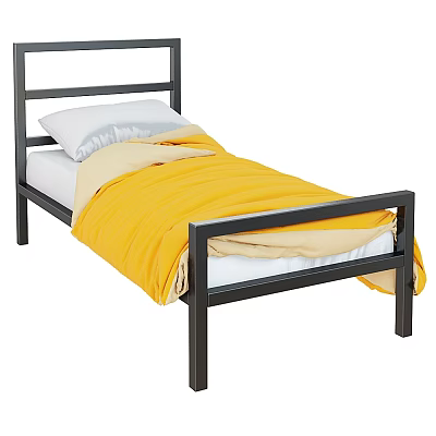 Double Bed with Black Metal Frame Yellow Blanket White Pillow and Light Colored Sheet 3d model