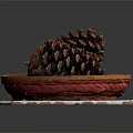 Pine Cones In Wicker Basket On White Mat For Decorative Plant 3d model