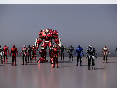 Game Movie Armored Characters With Red Silver Blue Colors Standing Together 3d model