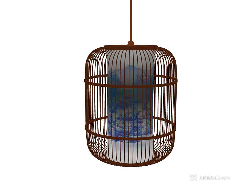 Birdcage Shaped Chandelier with Brown Metal Frame and Blue Patterned Glass Shade for Home Decoration 3d model 