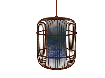 Birdcage Shaped Chandelier with Brown Metal Frame and Blue Patterned Glass Shade for Home Decoration 3d model