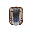 Birdcage Shaped Chandelier with Brown Metal Frame and Blue Patterned Glass Shade for Home Decoration