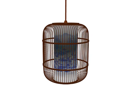 Birdcage Shaped Chandelier with Brown Metal Frame and Blue Patterned Glass Shade for Home Decoration 3d model