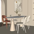 Modern White Round Dining Table Set With Beige Brown Upholstered Chairs Green Plant Artwork Bookshelf