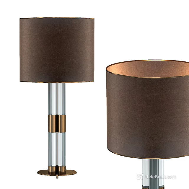 Modern Table Lamp with Brown Fabric Lampshade Silver Metal Stand and Gold Accent Ring 3d model 