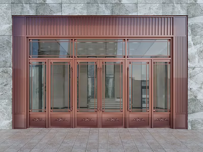 Elegant Exterior Copper Double Doors With Glass Panels And Stone Wall Facade 3d model