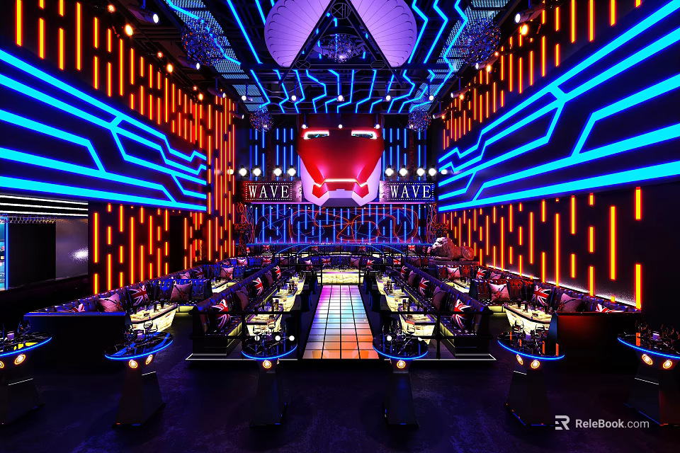 Futuristic Modern Bar Interior With Neon Lights Blue Orange Lighting And Stage Seating 3d model 