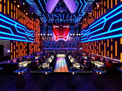 Futuristic Modern Bar Interior With Neon Lights Blue Orange Lighting And Stage Seating 3d model