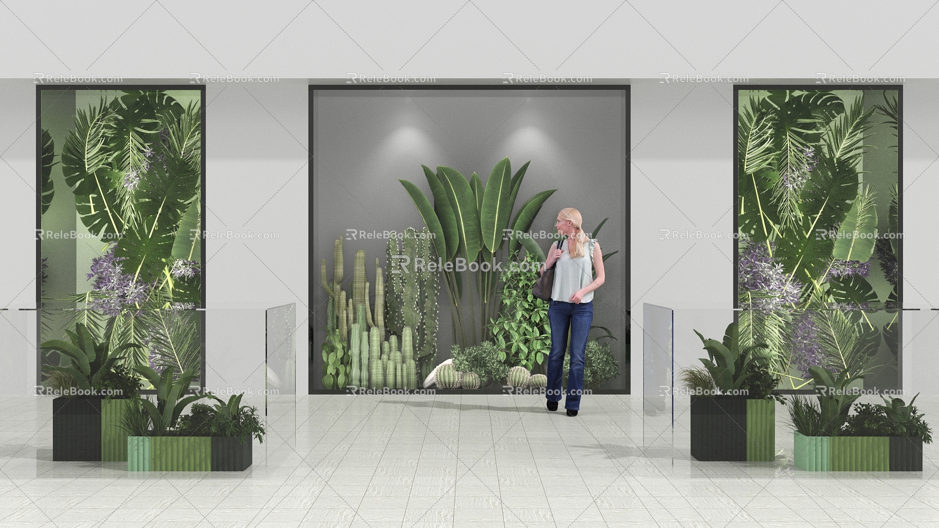 Green Plant Shop Window Green Plant Wall Frosted Glass Female Figure Banana Leaf Flower Box Fleshy Plant Cactus Cactus 3d model