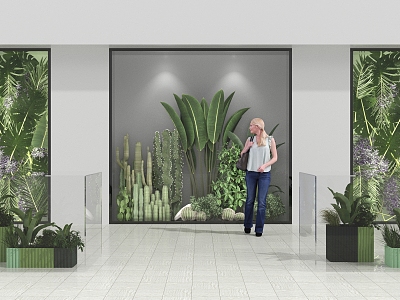 Green Plant Shop Window Green Plant Wall Frosted Glass Female Figure Banana Leaf Flower Box Fleshy Plant Cactus 3d model