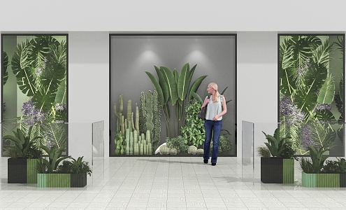 Green Plant Shop Window Green Plant Wall Frosted Glass Female Figure Banana Leaf Flower Box Fleshy Plant Cactus 3d model