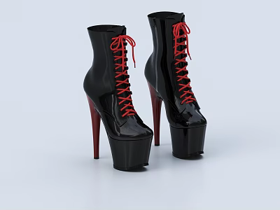 Stylish Black Patent Leather High Heel Boots With Red Laces And Platform Sole 3d model