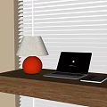 Orange Base Gray Shade Table Lamp with Laptop on Wooden Desk by White Blinds