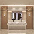 Modern Public Restroom Interior With Marble Sink Counter Wooden Doors Large Mirror And Recessed Lighting