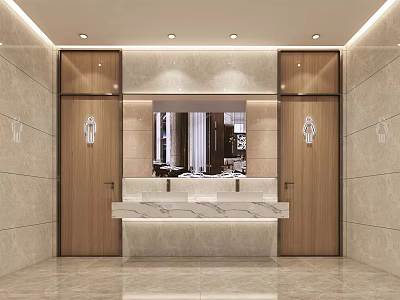 Modern Public Restroom Interior With Marble Sink Counter Wooden Doors Large Mirror And Recessed Lighting 3d model