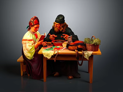 Traditional Interior Scene With People In Costumes Sitting At Wooden Table Bowls Book And Basket 3d model