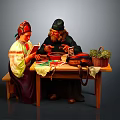 Traditional Interior Scene With People In Costumes Sitting At Wooden Table Bowls Book And Basket