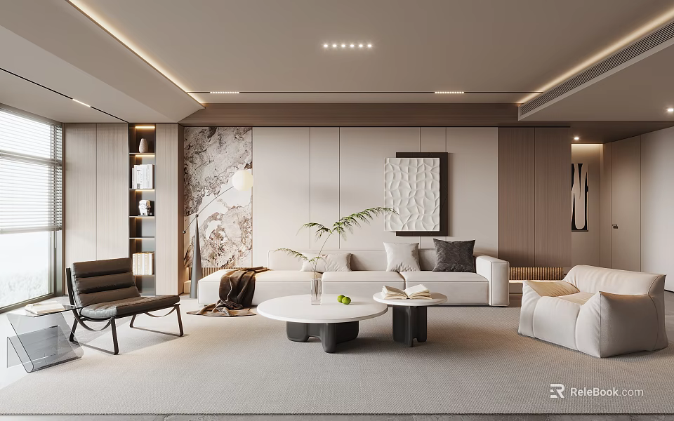Modern Living Room Interior With Beige Sofa Round Coffee Table Green Plant And Decorative Painting 3d model 