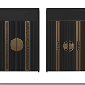 Elegant Black Double Doors with Golden Decorations Circular Patterns and Geometric Details