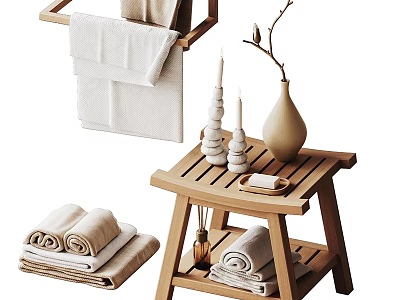 Natural Wooden Bathroom Accessories with Towels Towel Rack Stool Vase Candles and Soap 3d model