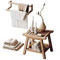 Natural Wooden Bathroom Accessories with Towels Towel Rack Stool Vase Candles and Soap