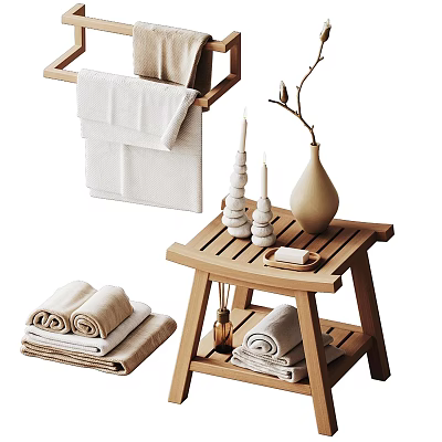 Natural Wooden Bathroom Accessories with Towels Towel Rack Stool Vase Candles and Soap 3d model