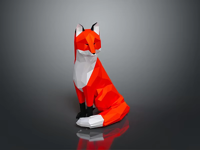Red Fox Origami Model In Low Poly Style Sitting On Black Surface With Reflection 3d model