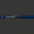 Blue Tactical Pistol With Wooden Grip Extended Barrel Warning Stripes And Tactical Light