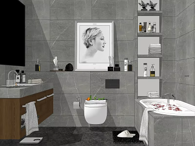 Modern Bathroom Vanity With Wooden Cabinet Marble Wall Portrait And Toiletries On Shelves 3d model