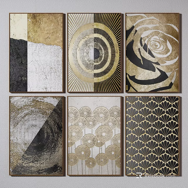 Modern Abstract Decorative Wall Art With Gold Black Patterns And Geometric Designs 3d model