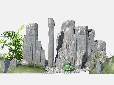 Large Stone And Wood Garden Ornament With Palm Leaves Succulents And Gravel 3d model