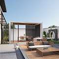 Courtyard Garden Featuring Wooden Deck Outdoor Dining Set Circular Decorative Wall And Hanging Chair