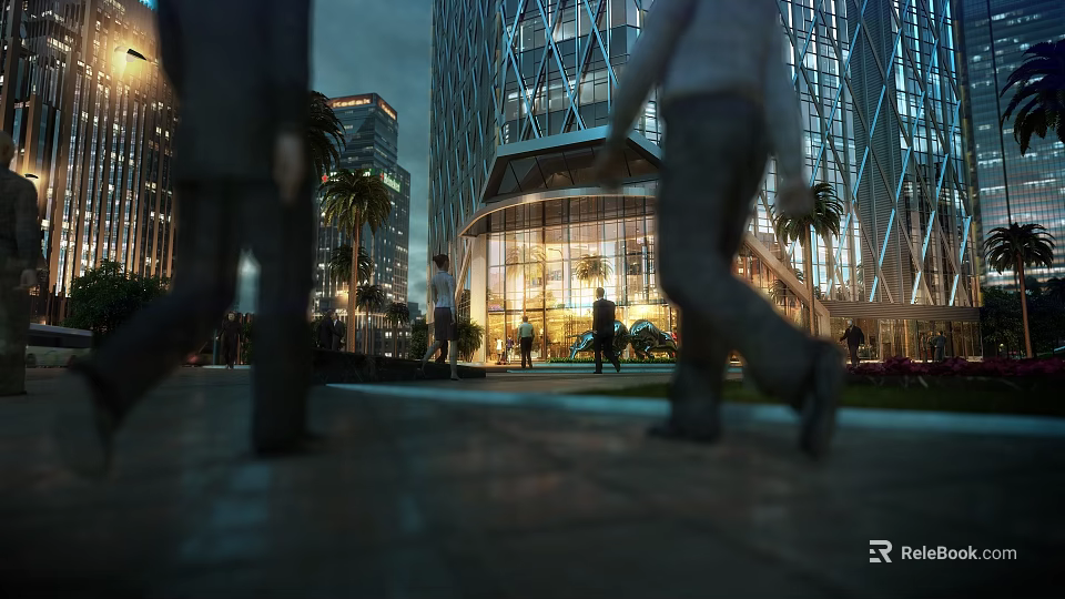 Modern Urban Night Landscape With Illuminated Glass Buildings Palm Trees And Pedestrians Walking 3d model 
