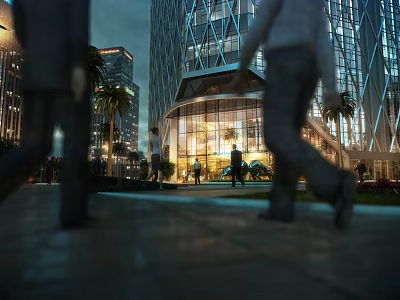 Modern Urban Night Landscape With Illuminated Glass Buildings Palm Trees And Pedestrians Walking 3d model