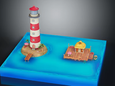 Model Lighthouse and Dock House Building on Sandy Shore with Palm Trees Umbrellas and Blue Water 3d model