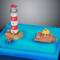 Model Lighthouse and Dock House Building on Sandy Shore with Palm Trees Umbrellas and Blue Water